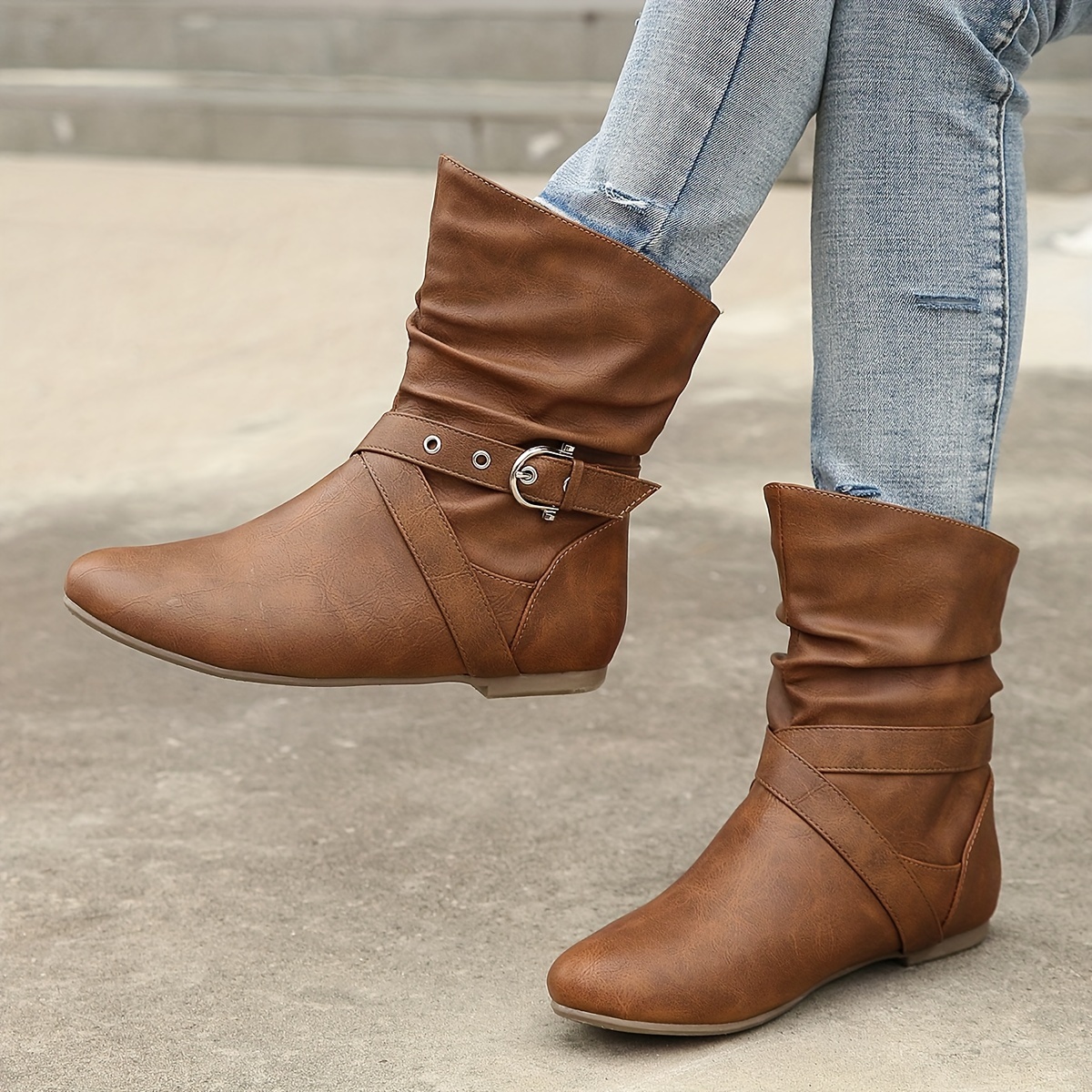 Women’s Vintage Ankle Boots – Flat Sole Boots with Classic Buckle Detail