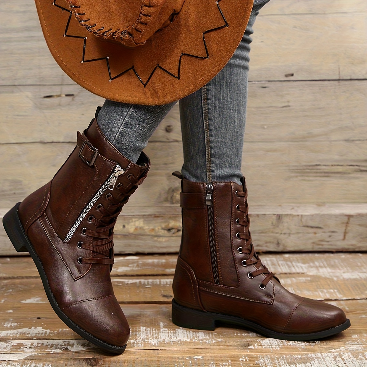 Women’s Vintage Lace-Up Boots – Classic Mid-Calf Boots with Low Heel & Side Zipper