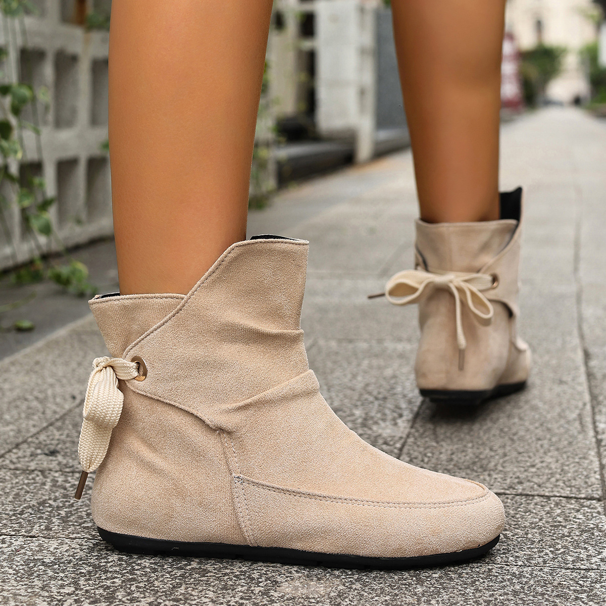 Women’s Vintage Bow Ankle Boots –Comfortable  Lace-Up Flat Shoes for Fall & Winter