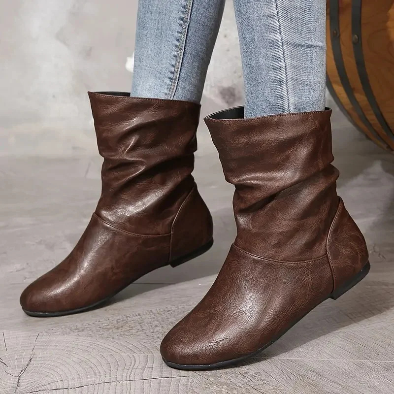 Women’s Vintage Leather Ankle Boots – Waterproof Slouchy Flat Boots with Non-Slip Sole