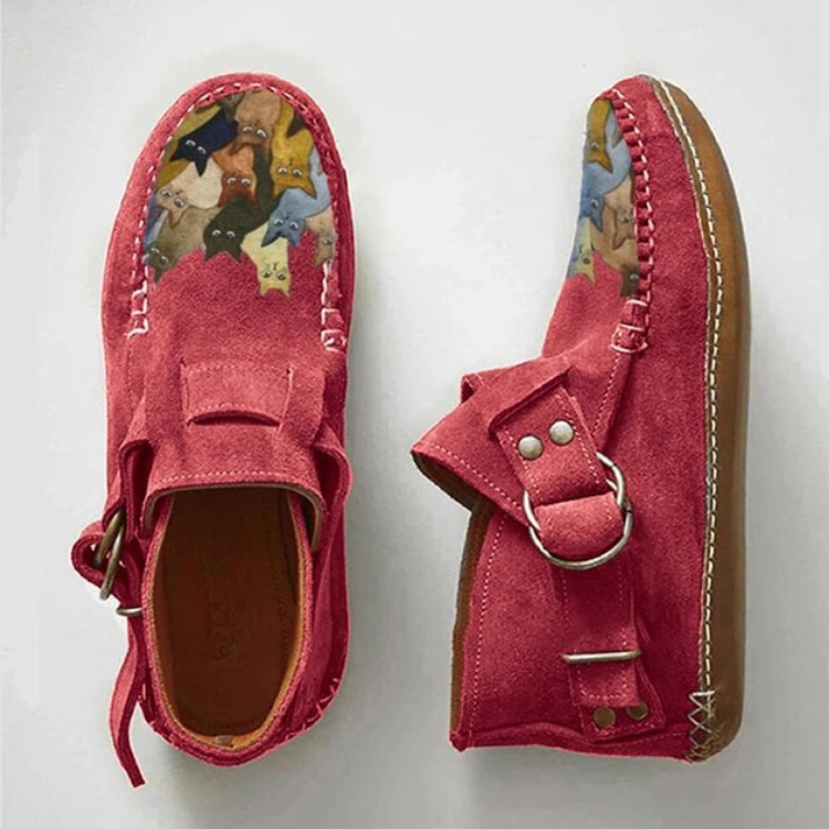 Women’s Handmade Style Cat Print Moccasins – Vintage Comfort Flats