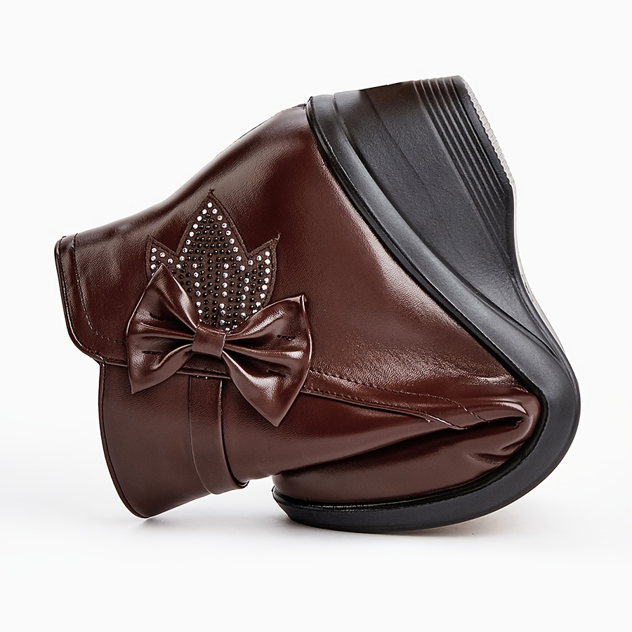 Women’s Warm Wedge Booties – Wide Width Comfort Ankle Boots with Side Zip & Bow Accent