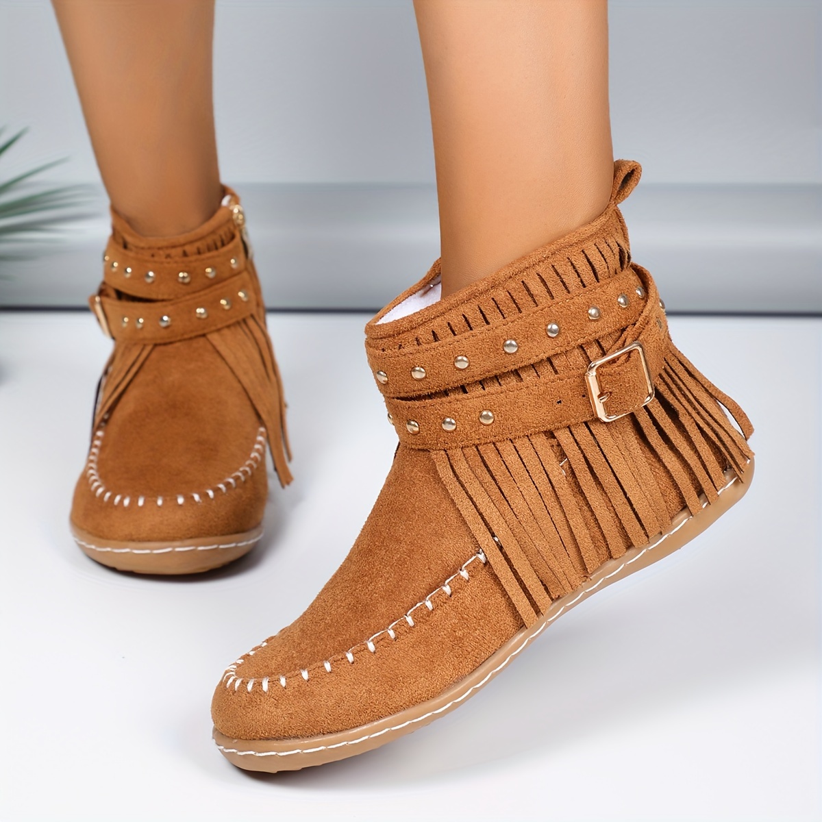 Women’s Vintage Fall Ankle Boots – Comfortable Flat Fringe Boots