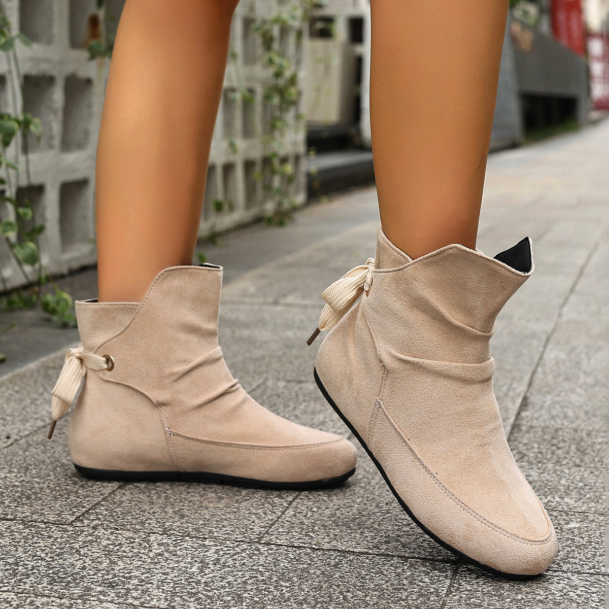 Women’s Vintage Bow Ankle Boots –Comfortable  Lace-Up Flat Shoes for Fall & Winter