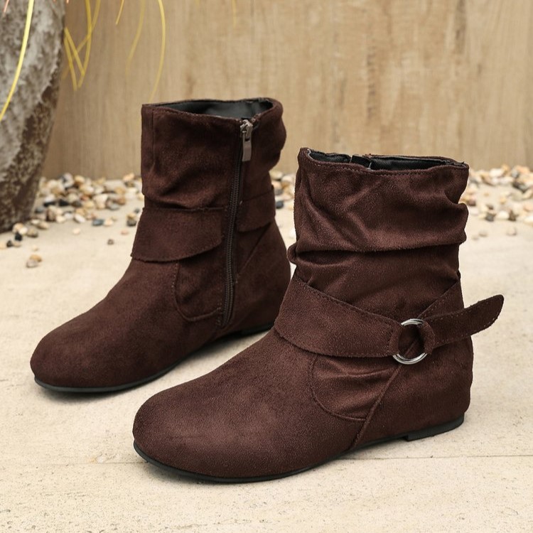 Women’s Vintage Suede Ankle Boots – Round-Toe Flat Boots with Buckle Strap & Side Zip