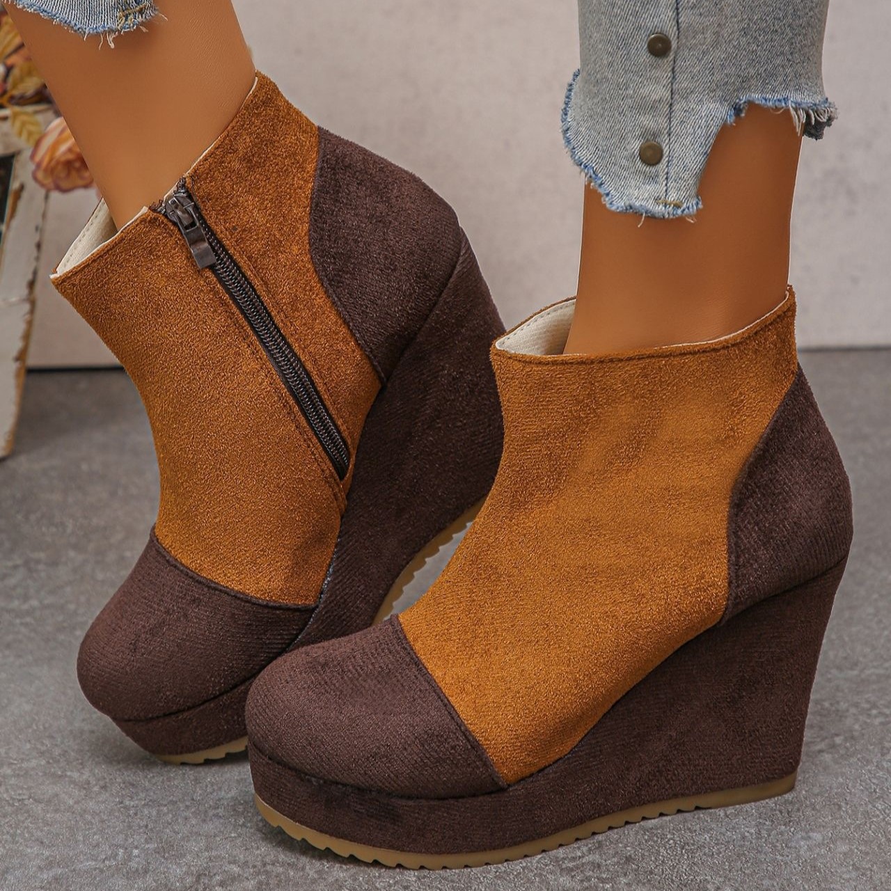 Women’s Vintage Suede Ankle Boots – Chunky Platform Wedge Boots with Side Zipper