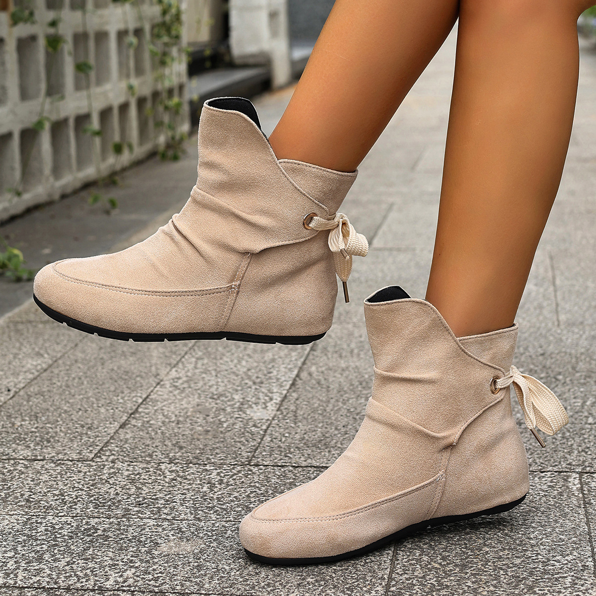 Women’s Vintage Bow Ankle Boots –Comfortable  Lace-Up Flat Shoes for Fall & Winter