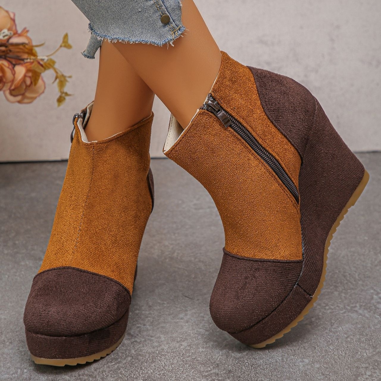 Women’s Vintage Suede Ankle Boots – Chunky Platform Wedge Boots with Side Zipper