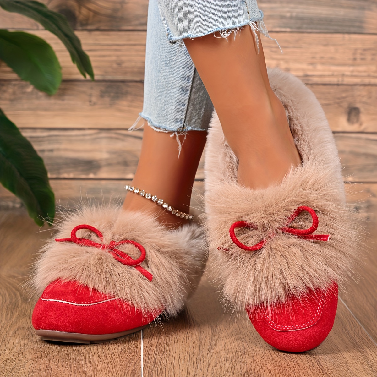 Women's Plush Slip-On Slippers with Bow - Winter Indoor/Outdoor House Shoes