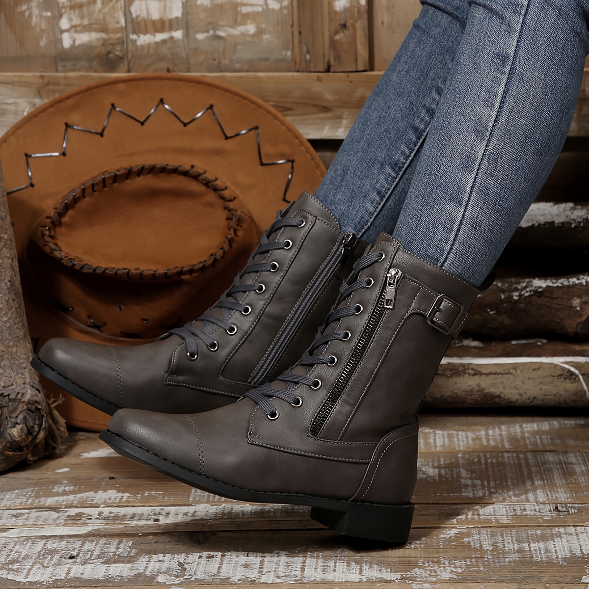 Women’s Vintage Lace-Up Boots – Classic Mid-Calf Boots with Low Heel & Side Zipper