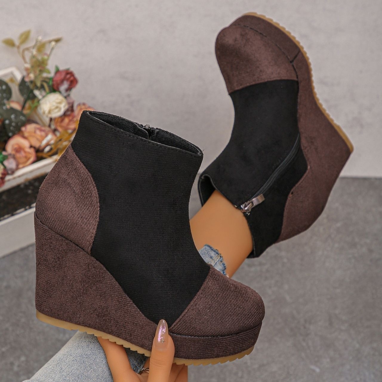 Women’s Vintage Suede Ankle Boots – Chunky Platform Wedge Boots with Side Zipper