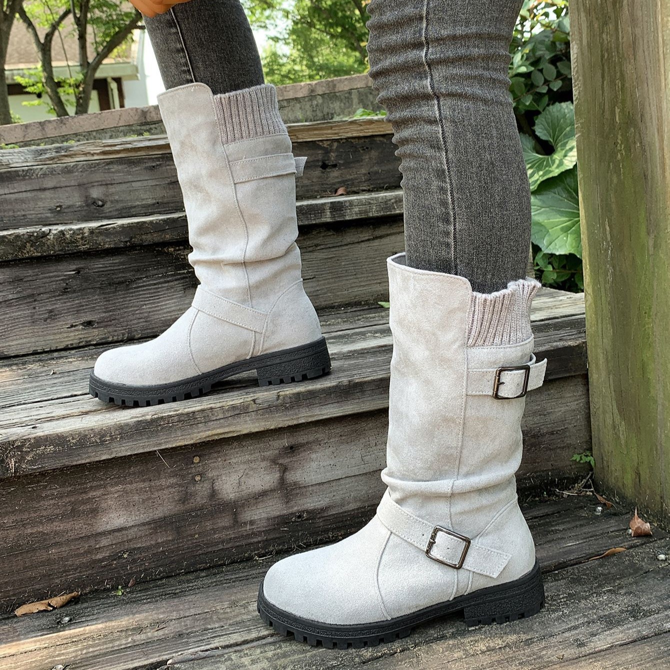 Women’s Vintage Western Boots – Suede Slouchy Tall Boots with Round Toe & Block Heel