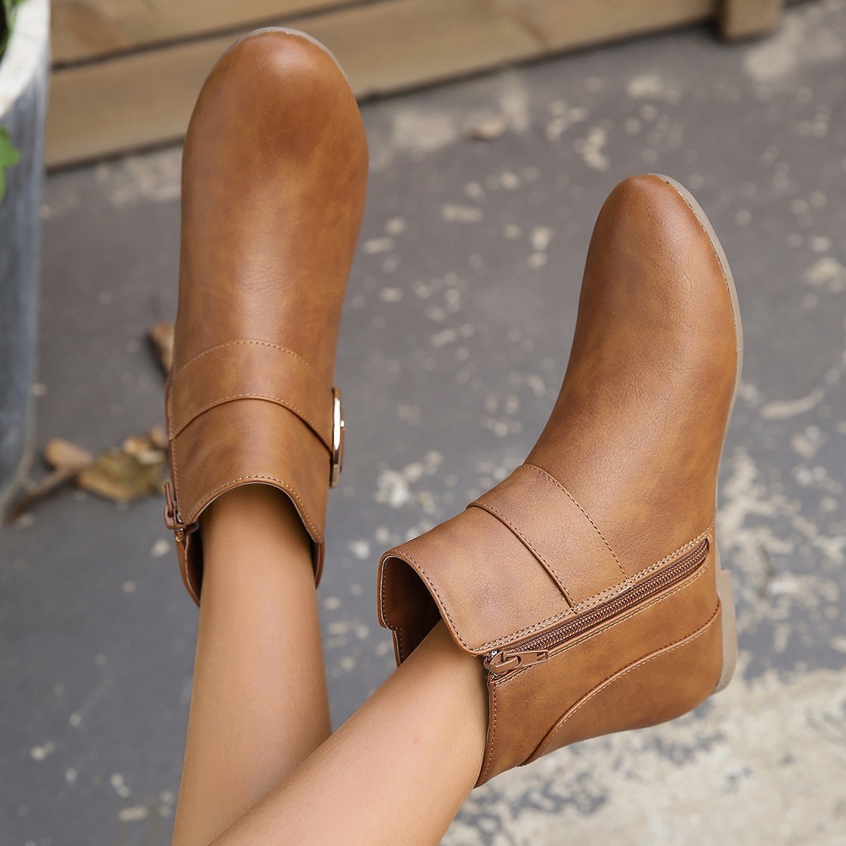 Women’s Vintage Ankle Boots – Comfortable Flat Boots with Buckle & Side Zipper