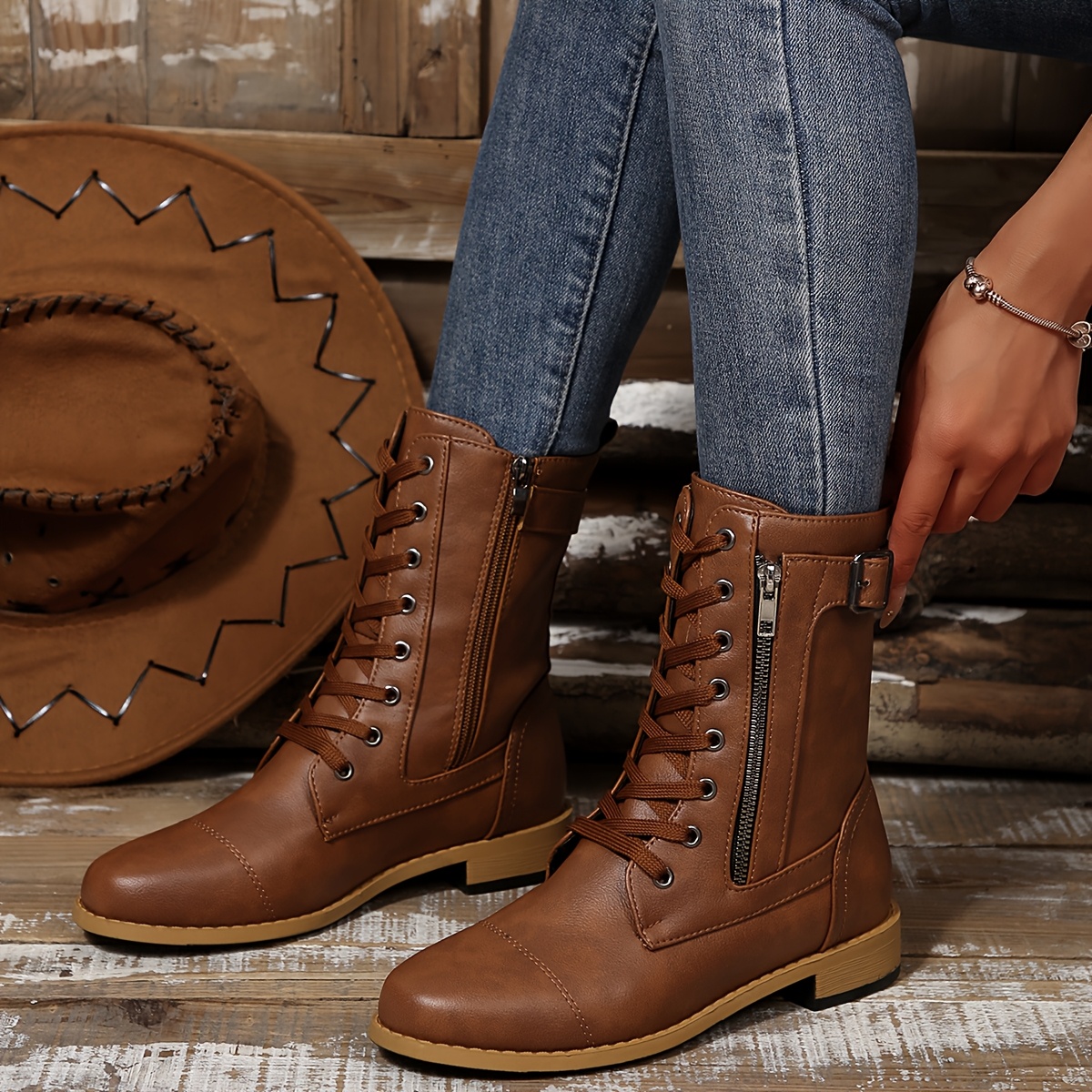 Women’s Vintage Lace-Up Boots – Classic Mid-Calf Boots with Low Heel & Side Zipper