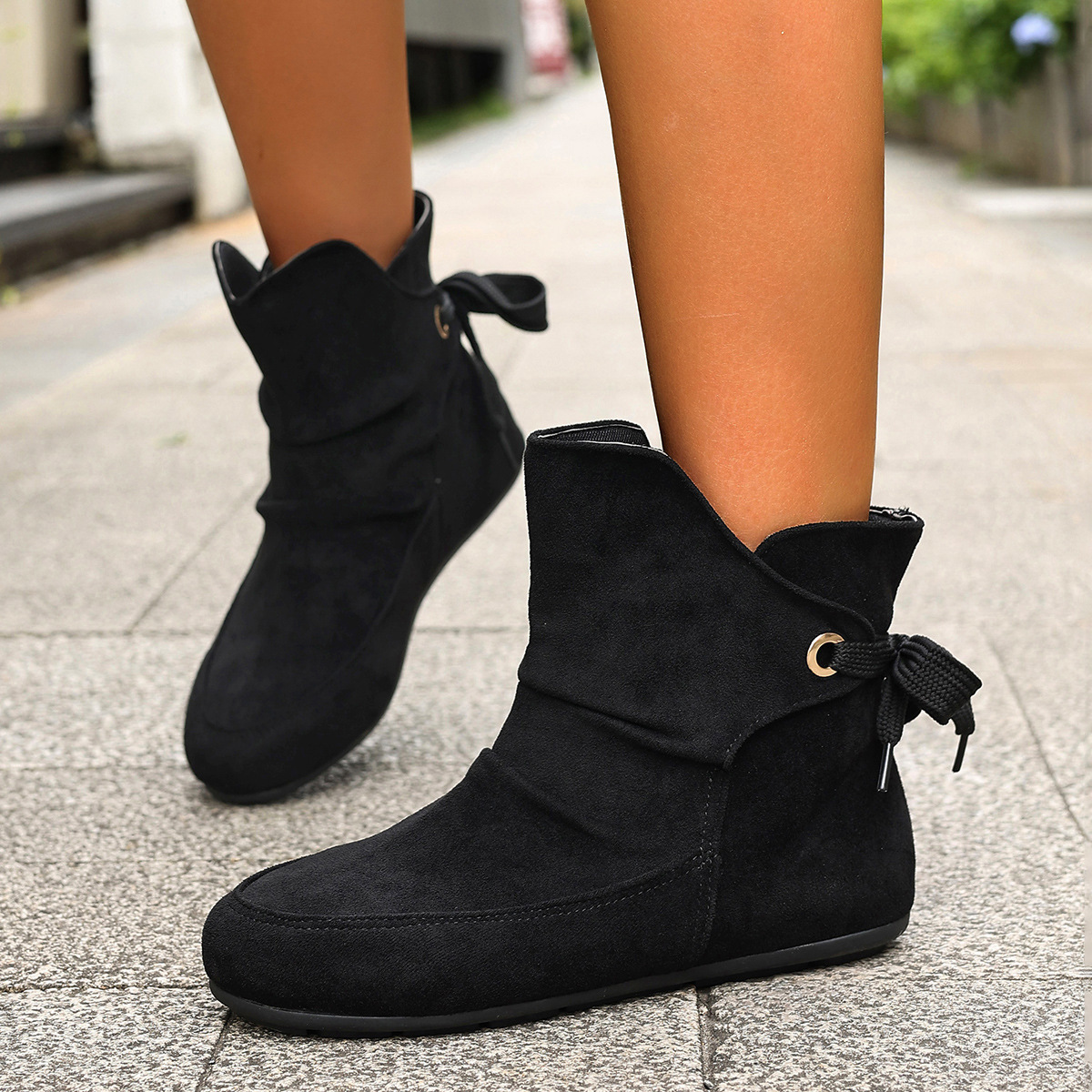 Women’s Vintage Bow Ankle Boots –Comfortable  Lace-Up Flat Shoes for Fall & Winter
