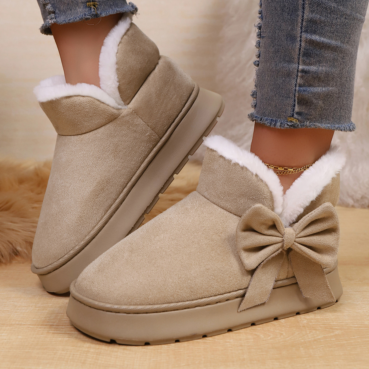 Women’s Bow Ankle Boots – Warm Plush-Lined House Shoes for Fall & Winter