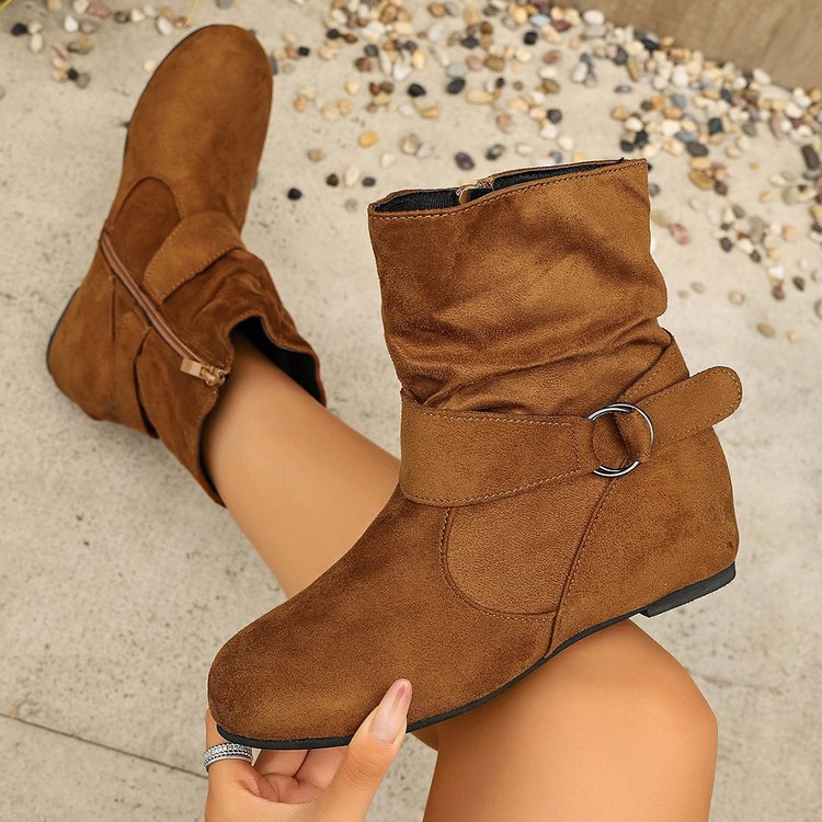 Women’s Vintage Suede Ankle Boots – Round-Toe Flat Boots with Buckle Strap & Side Zip
