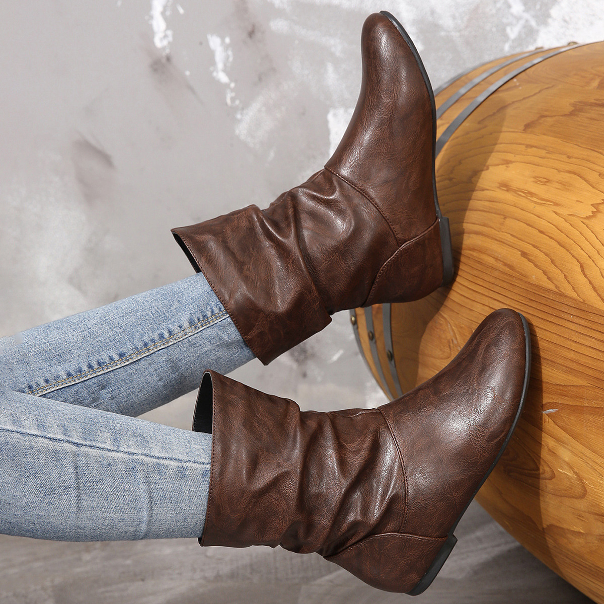 Women’s Vintage Leather Ankle Boots – Waterproof Slouchy Flat Boots with Non-Slip Sole