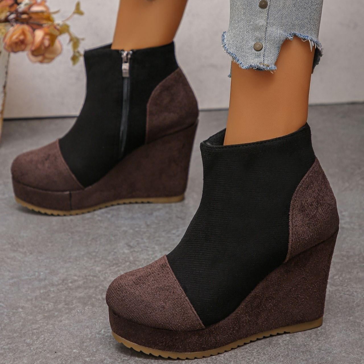 Women’s Vintage Suede Ankle Boots – Chunky Platform Wedge Boots with Side Zipper