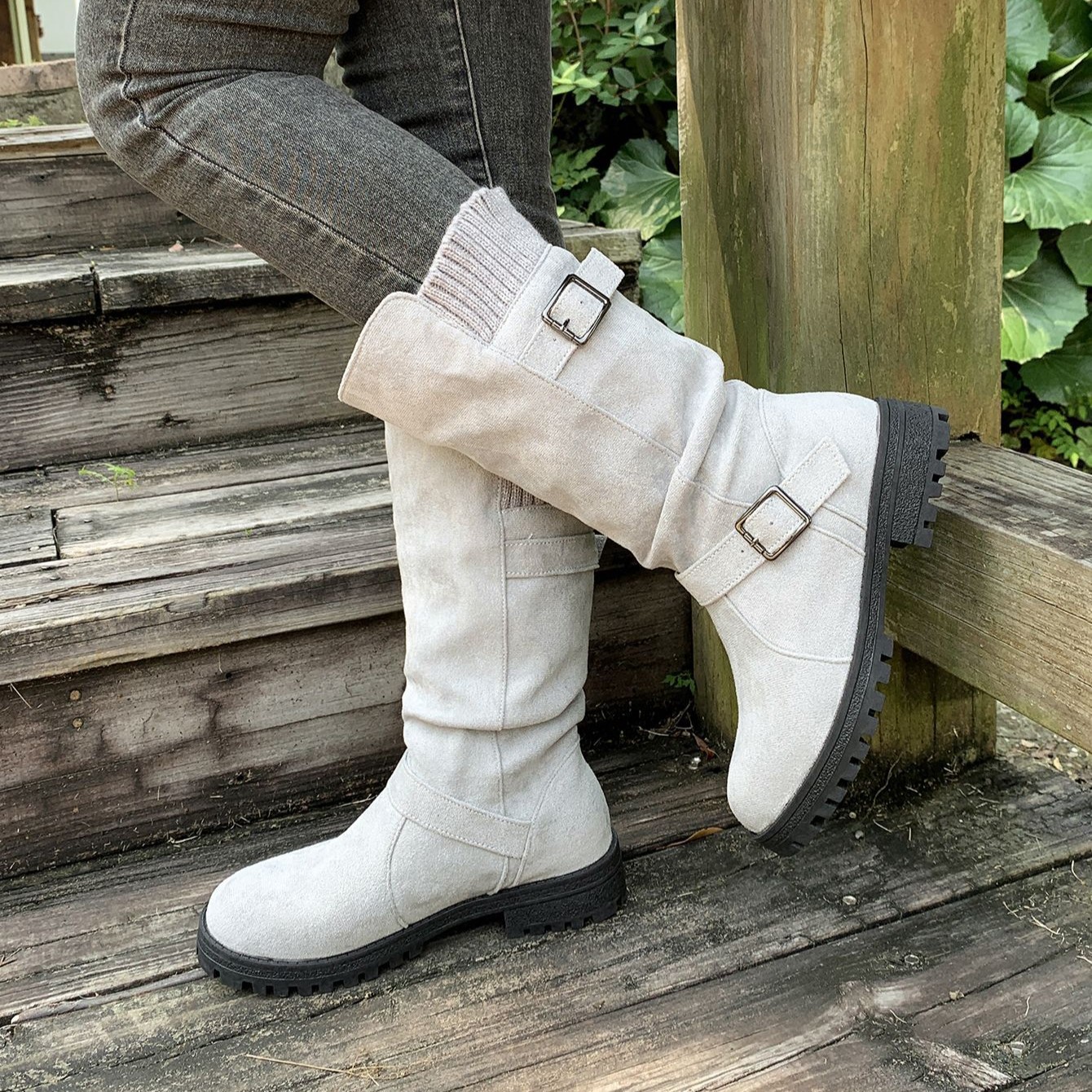 Women’s Vintage Western Boots – Suede Slouchy Tall Boots with Round Toe & Block Heel