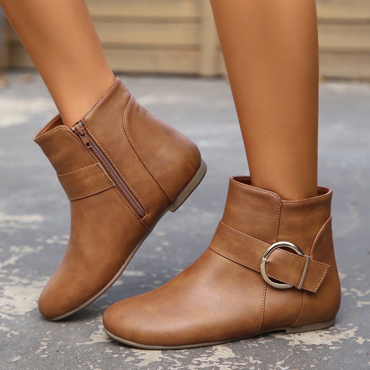 Women’s Vintage Ankle Boots – Comfortable Flat Boots with Buckle & Side Zipper