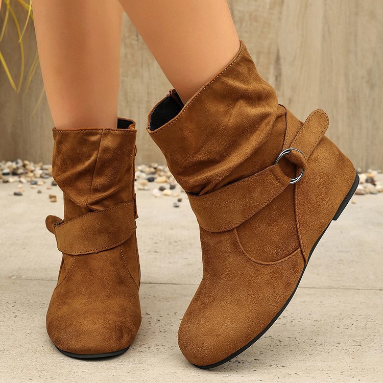 Women’s Vintage Suede Ankle Boots – Round-Toe Flat Boots with Buckle Strap & Side Zip