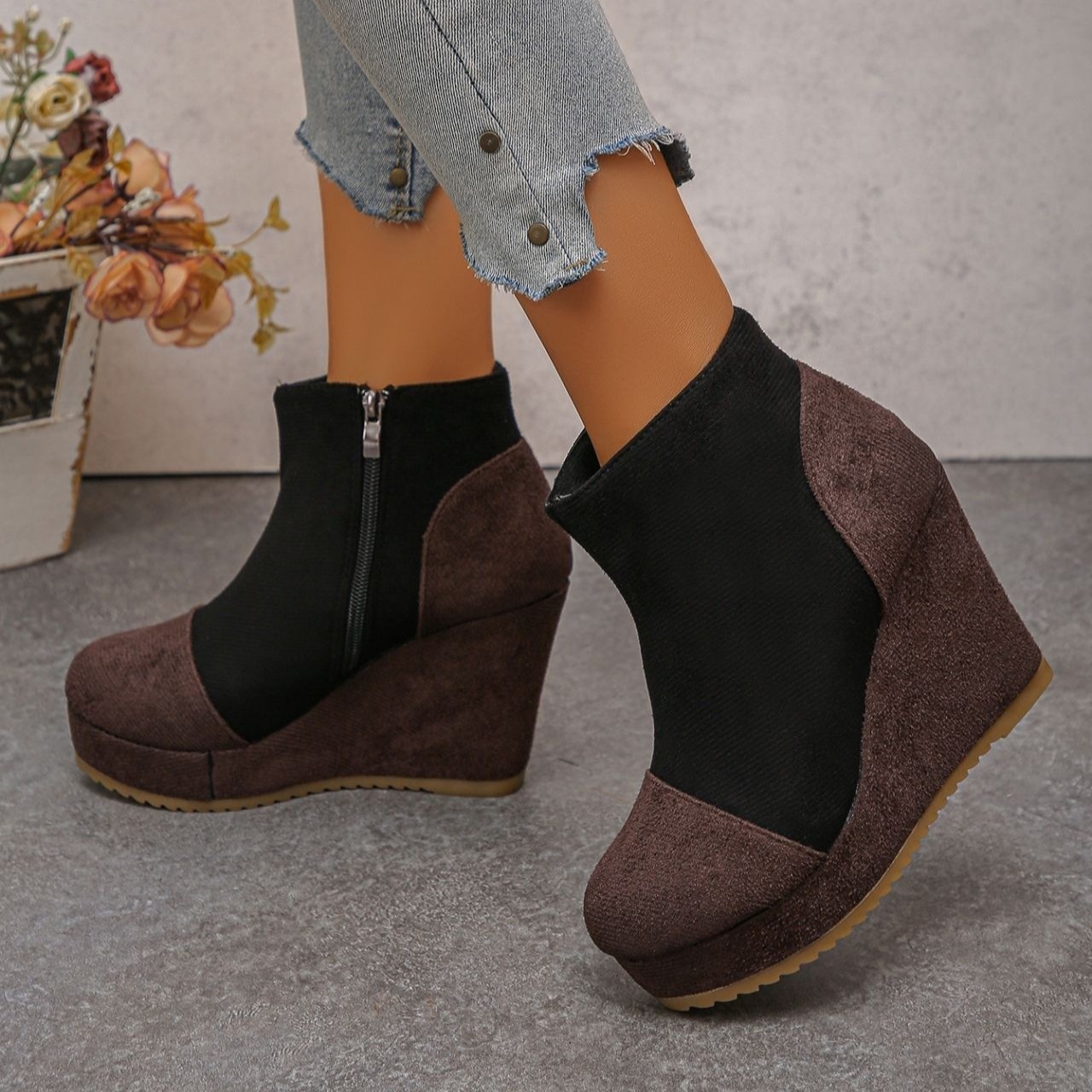 Women’s Vintage Suede Ankle Boots – Chunky Platform Wedge Boots with Side Zipper