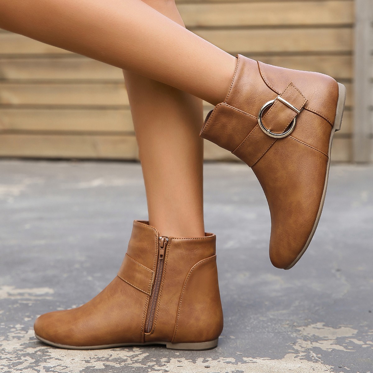 Women’s Vintage Ankle Boots – Comfortable Flat Boots with Buckle & Side Zipper