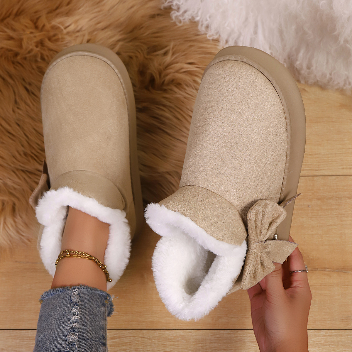 Women’s Bow Ankle Boots – Warm Plush-Lined House Shoes for Fall & Winter