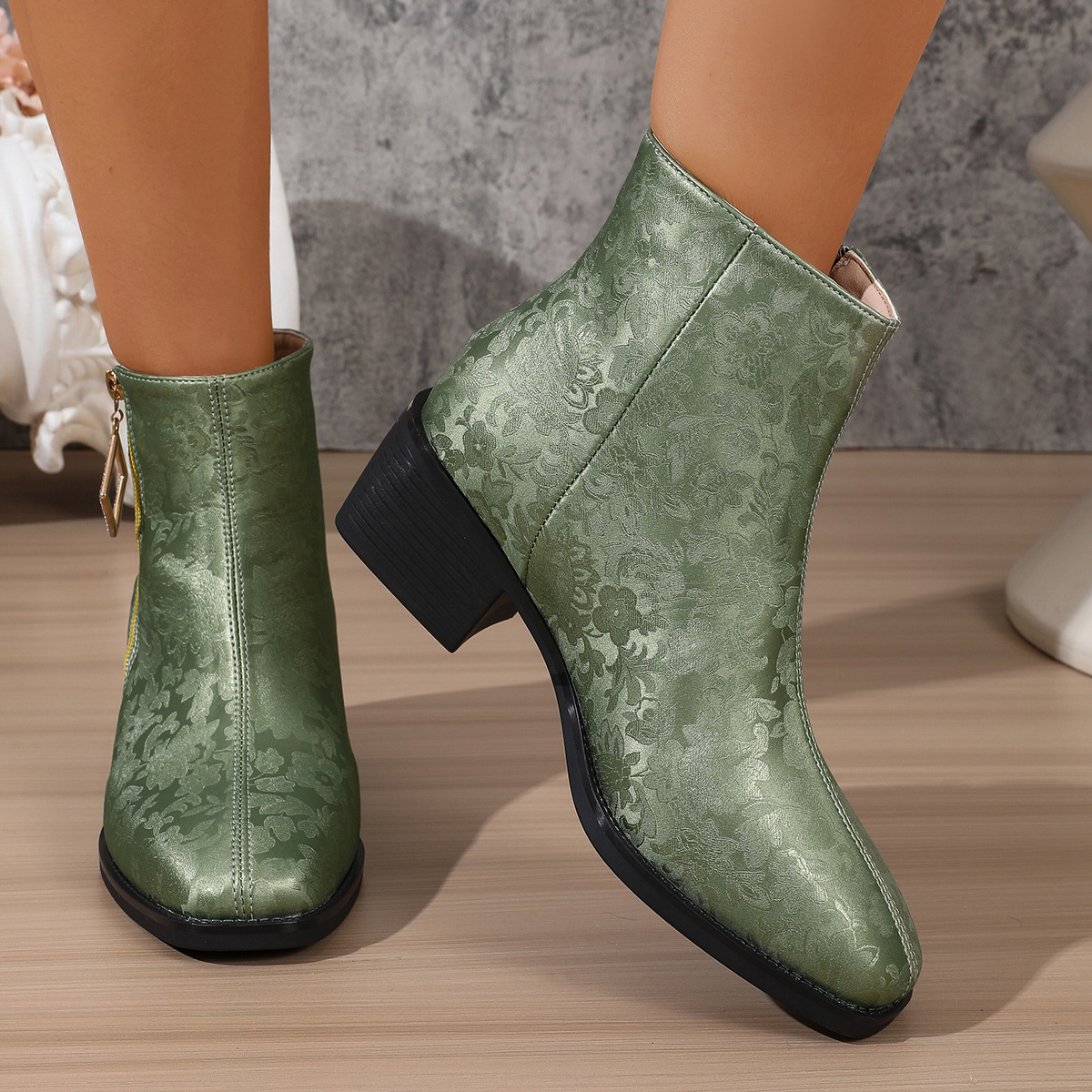 Women’s Floral Satin Ankle Boots – Elegant Short Boots with Side Zipper