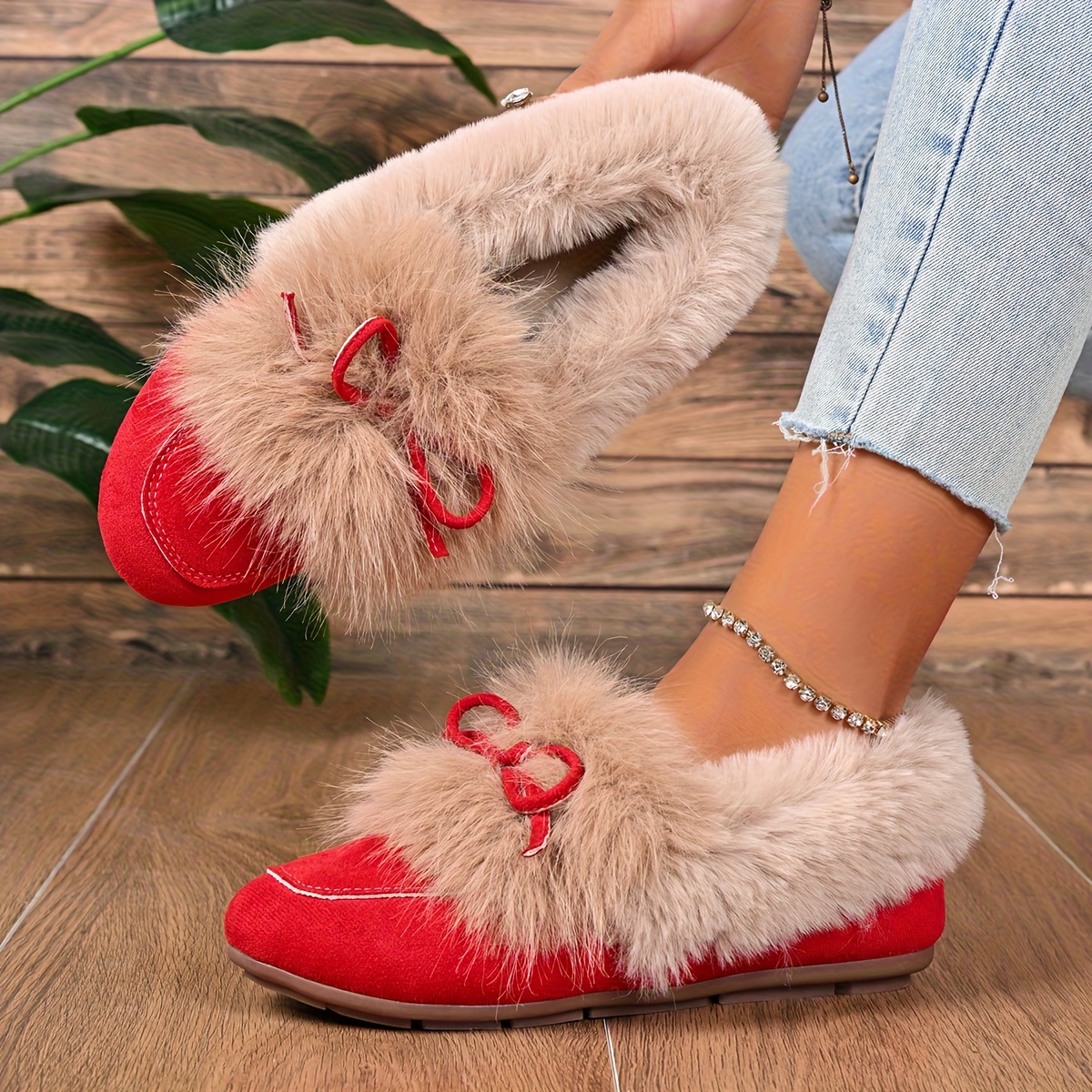 Women's Plush Slip-On Slippers with Bow - Winter Indoor/Outdoor House Shoes