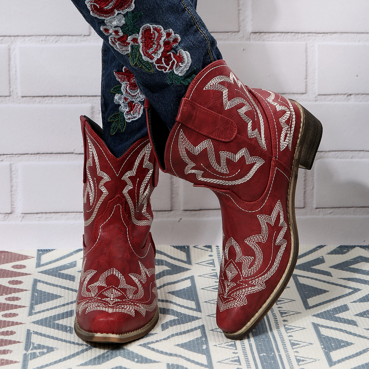 Women’s Western Embroidery Mid-Heel Ankle Boots