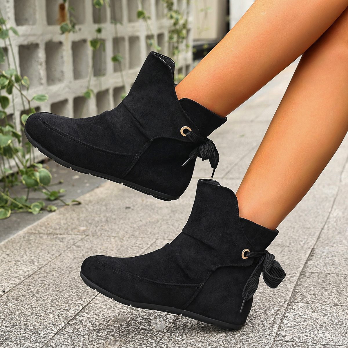 Women’s Vintage Bow Ankle Boots –Comfortable  Lace-Up Flat Shoes for Fall & Winter