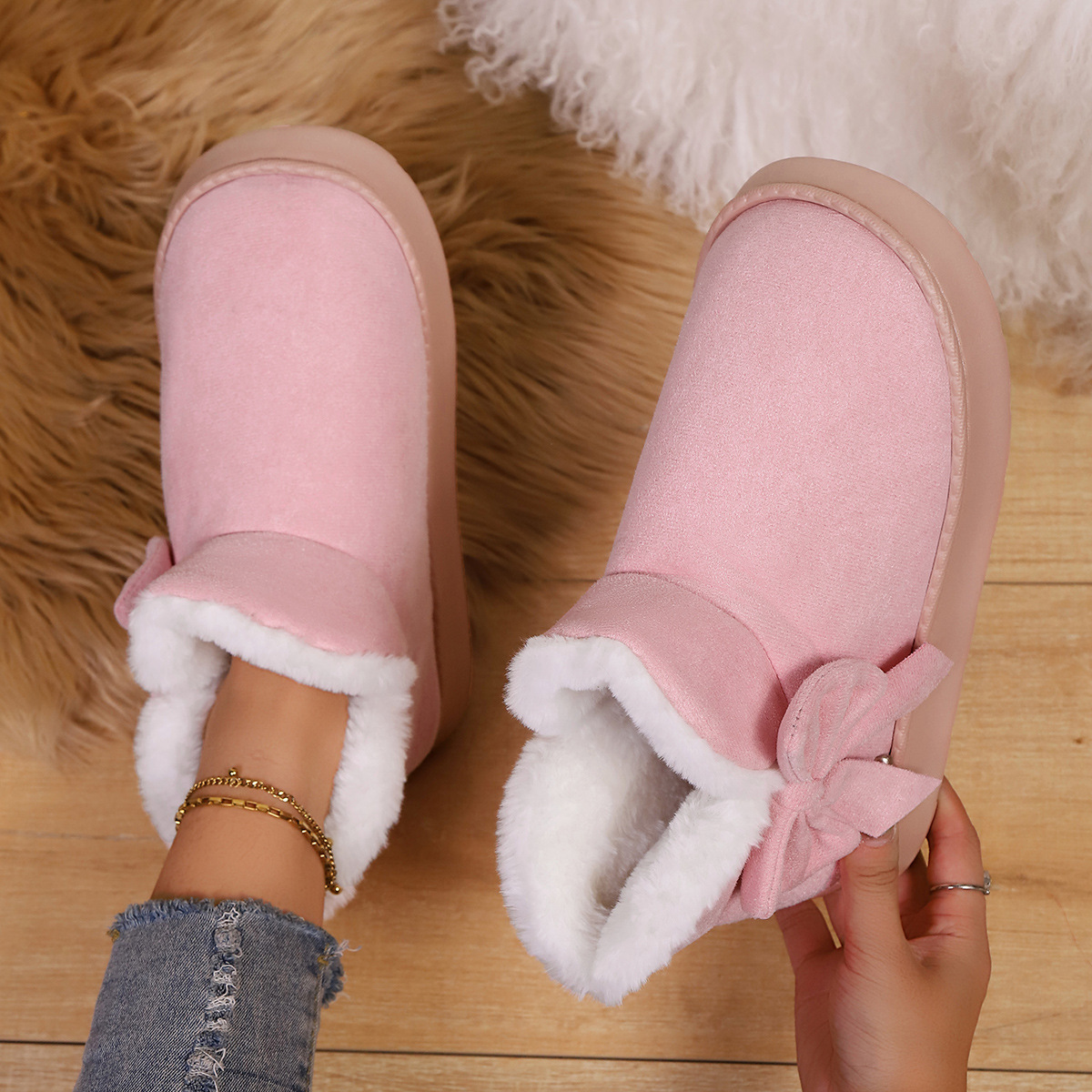 Women’s Bow Ankle Boots – Warm Plush-Lined House Shoes for Fall & Winter