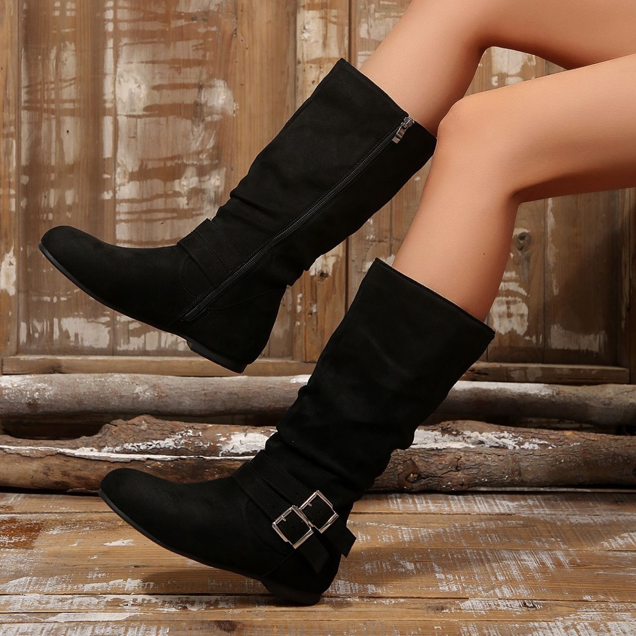 Women’s Vintage Suede Tall Boots– Lightweight Flat Boots with Side Zipper & Buckle Detail