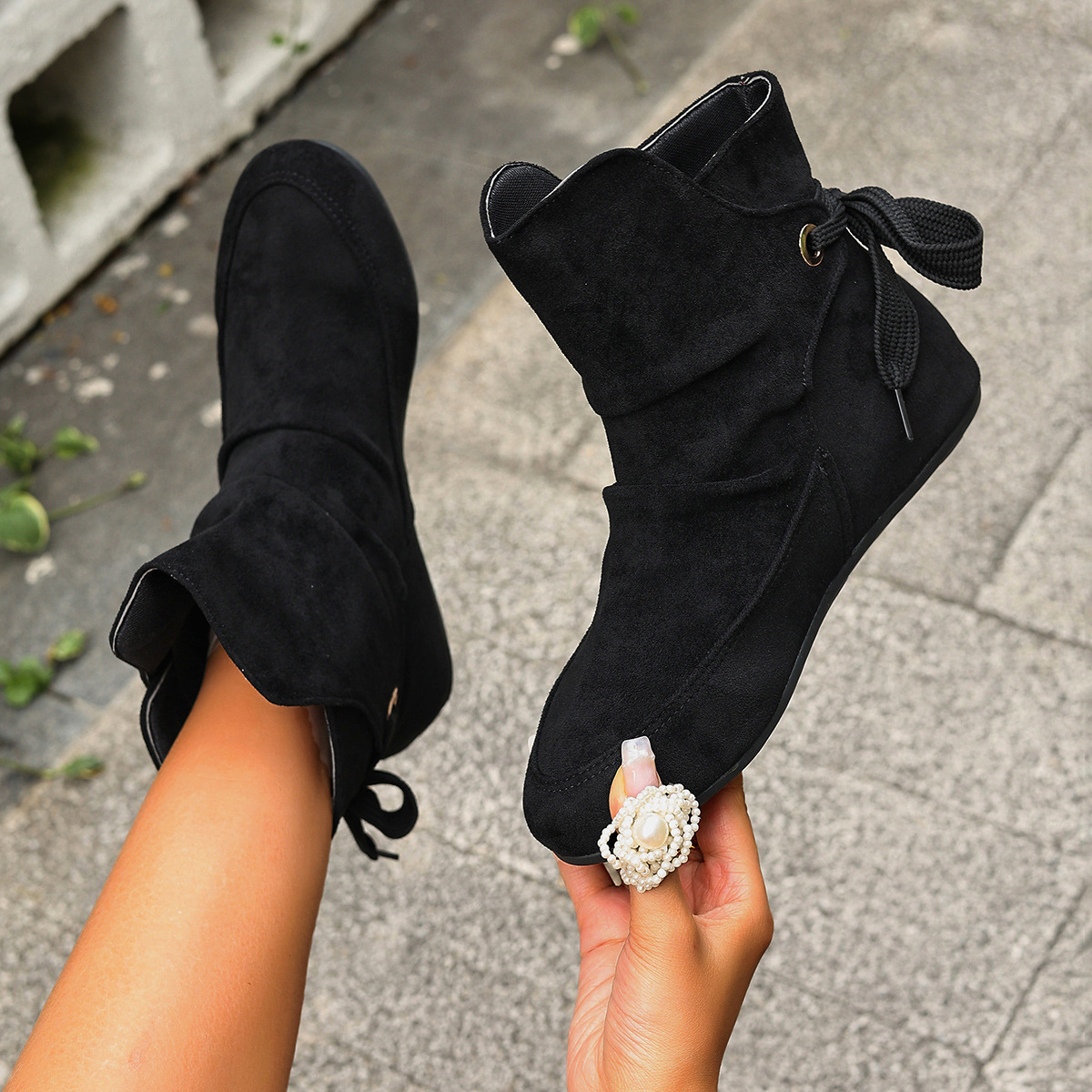Women’s Vintage Bow Ankle Boots –Comfortable  Lace-Up Flat Shoes for Fall & Winter