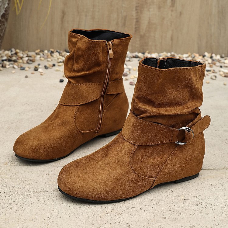 Women’s Vintage Suede Ankle Boots – Round-Toe Flat Boots with Buckle Strap & Side Zip