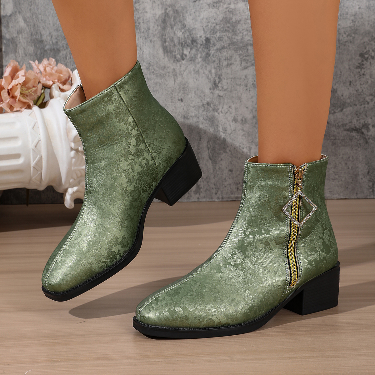 Women’s Floral Satin Ankle Boots – Elegant Short Boots with Side Zipper