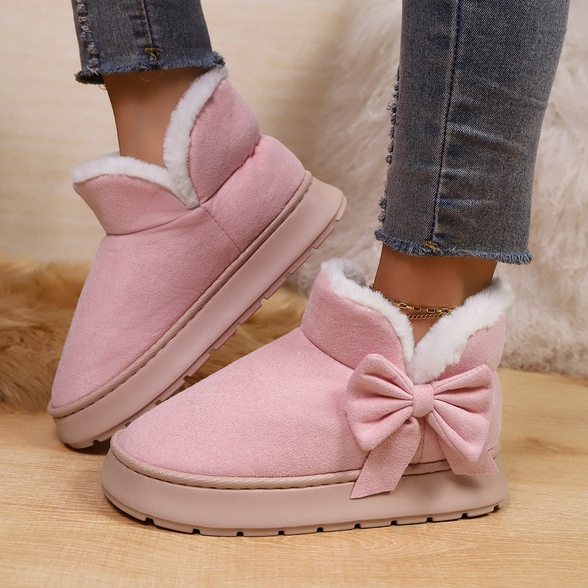 Women’s Bow Ankle Boots – Warm Plush-Lined House Shoes for Fall & Winter