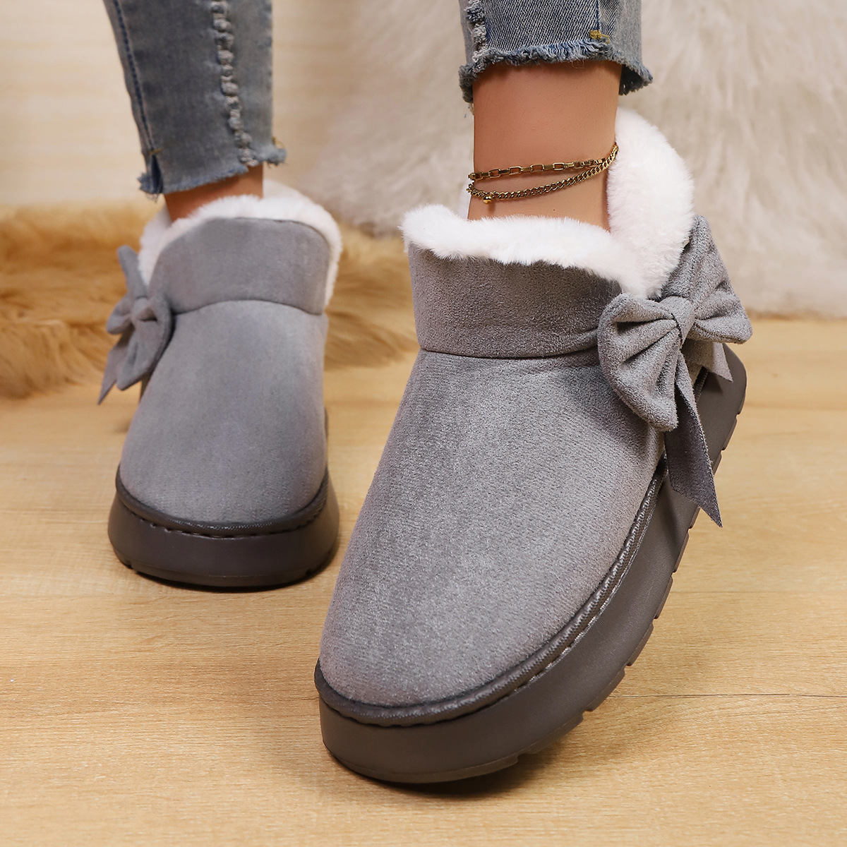 Women’s Bow Ankle Boots – Warm Plush-Lined House Shoes for Fall & Winter