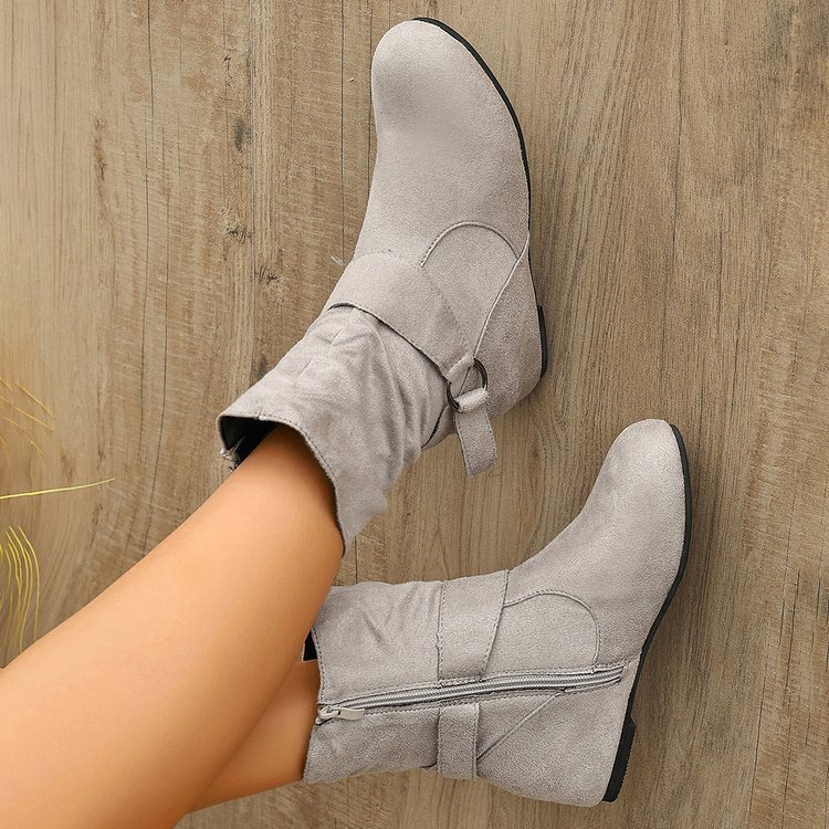 Women’s Vintage Suede Ankle Boots – Round-Toe Flat Boots with Buckle Strap & Side Zip