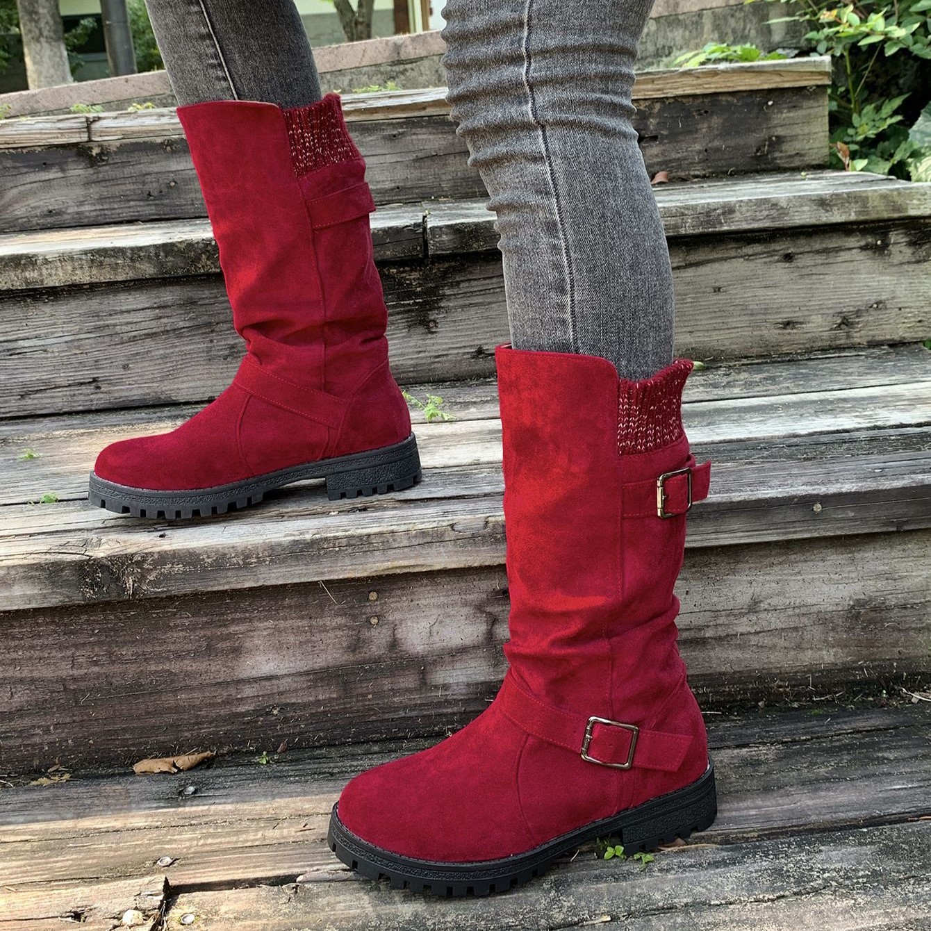 Women’s Vintage Western Boots – Suede Slouchy Tall Boots with Round Toe & Block Heel