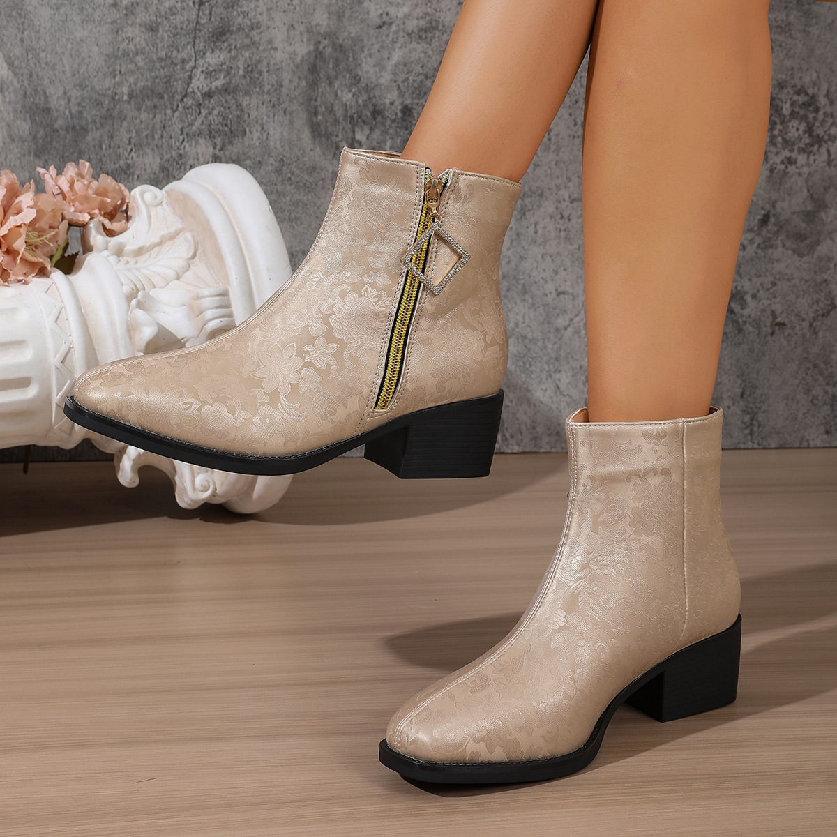 Women’s Floral Satin Ankle Boots – Elegant Short Boots with Side Zipper