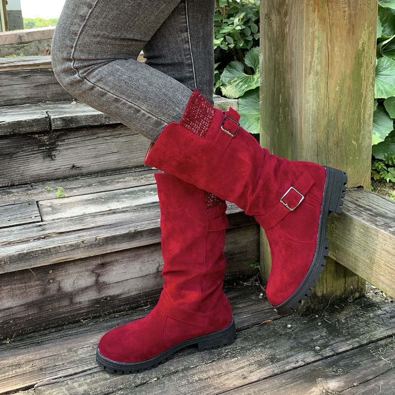 Women’s Vintage Western Boots – Suede Slouchy Tall Boots with Round Toe & Block Heel