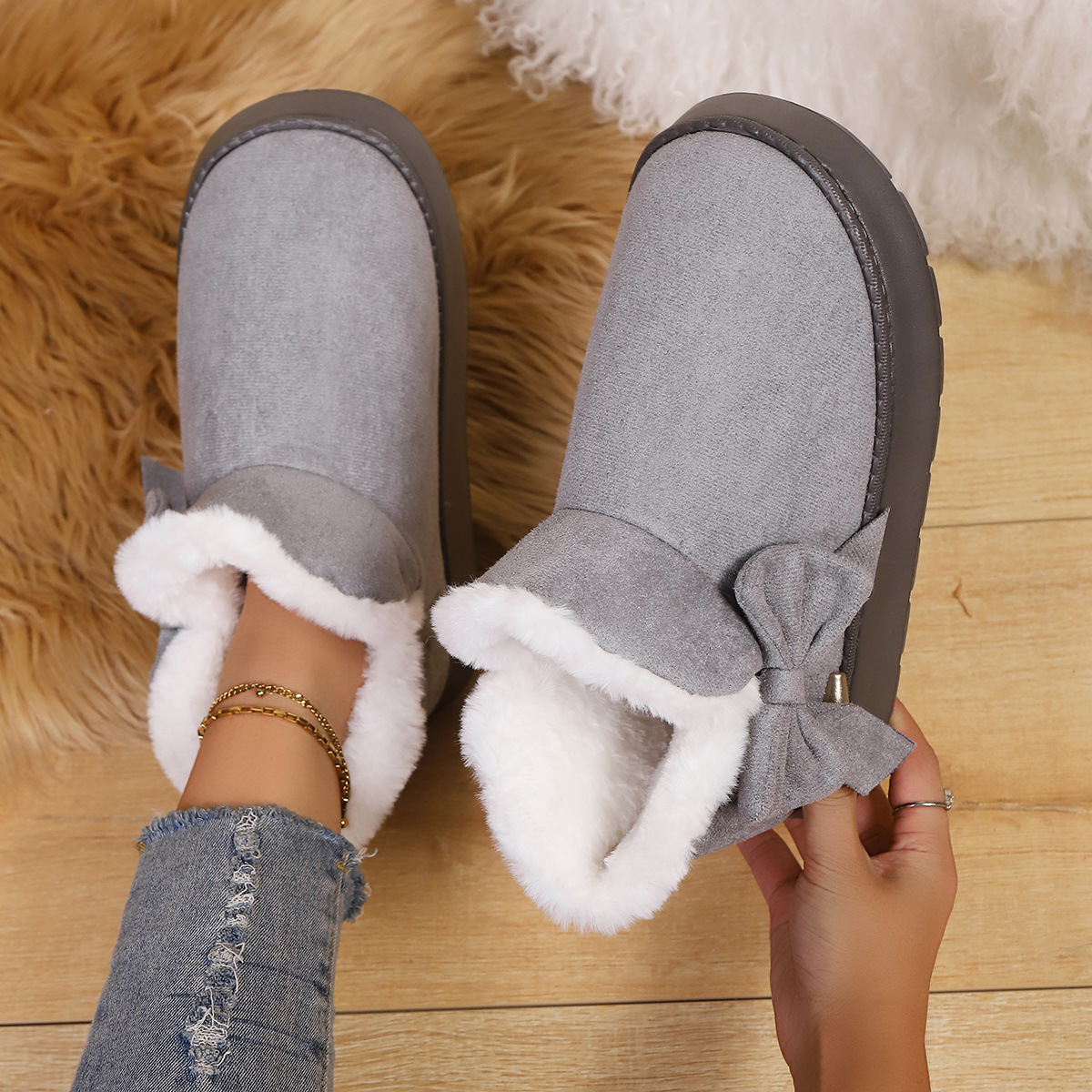 Women’s Bow Ankle Boots – Warm Plush-Lined House Shoes for Fall & Winter