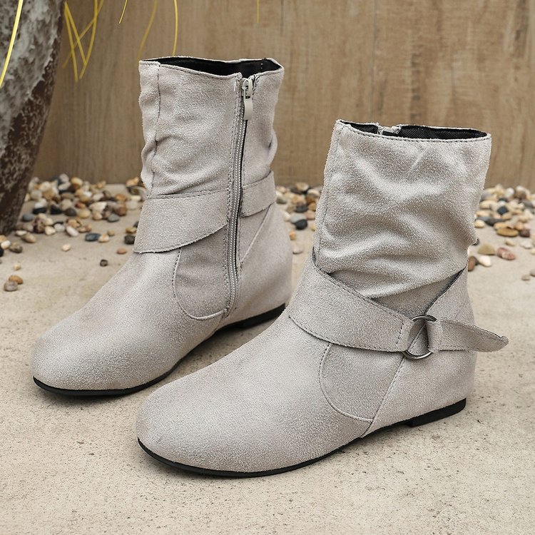 Women’s Vintage Suede Ankle Boots – Round-Toe Flat Boots with Buckle Strap & Side Zip