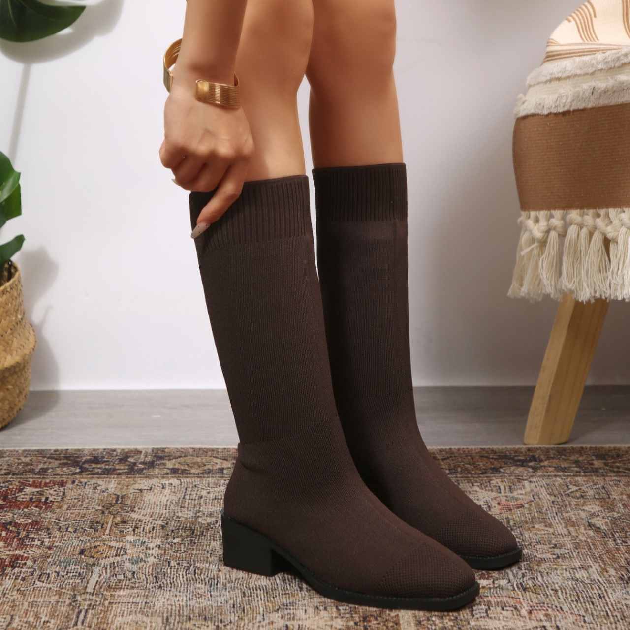 Women’s Winter Knit Sock Boots – Warm High-Top Stretch Ankle Boots