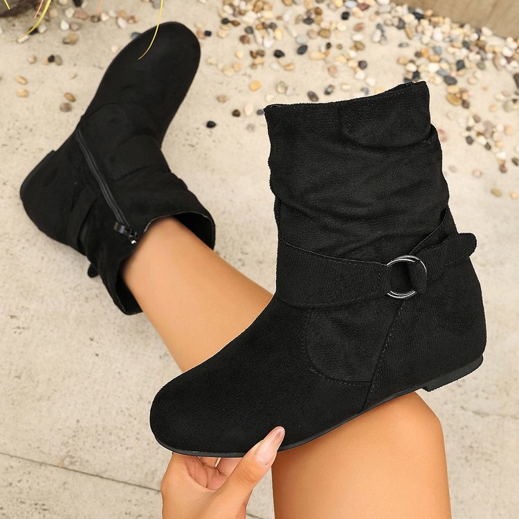 Women’s Vintage Suede Ankle Boots – Round-Toe Flat Boots with Buckle Strap & Side Zip