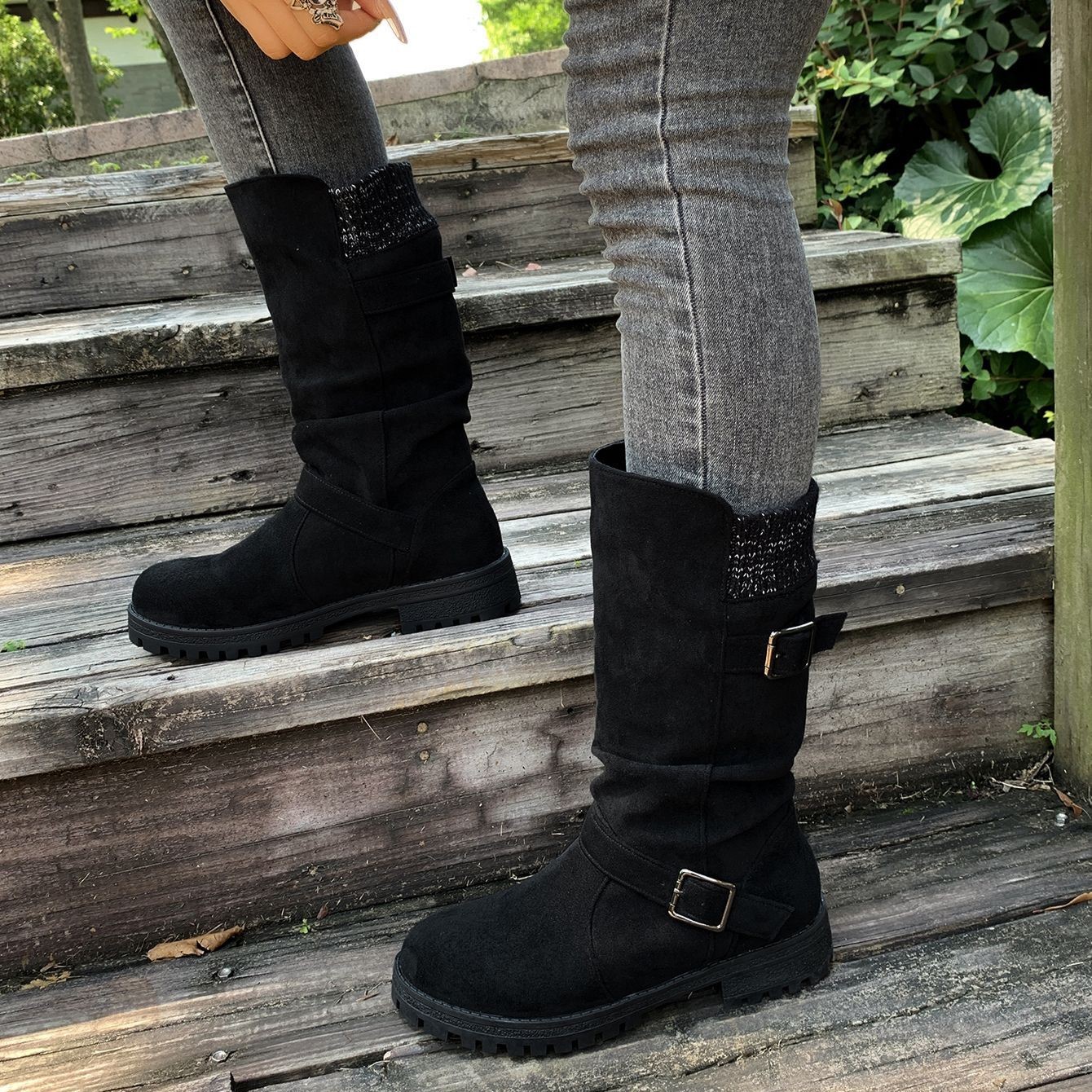 Women’s Vintage Western Boots – Suede Slouchy Tall Boots with Round Toe & Block Heel