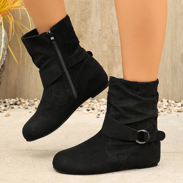 Women’s Vintage Suede Ankle Boots – Round-Toe Flat Boots with Buckle Strap & Side Zip